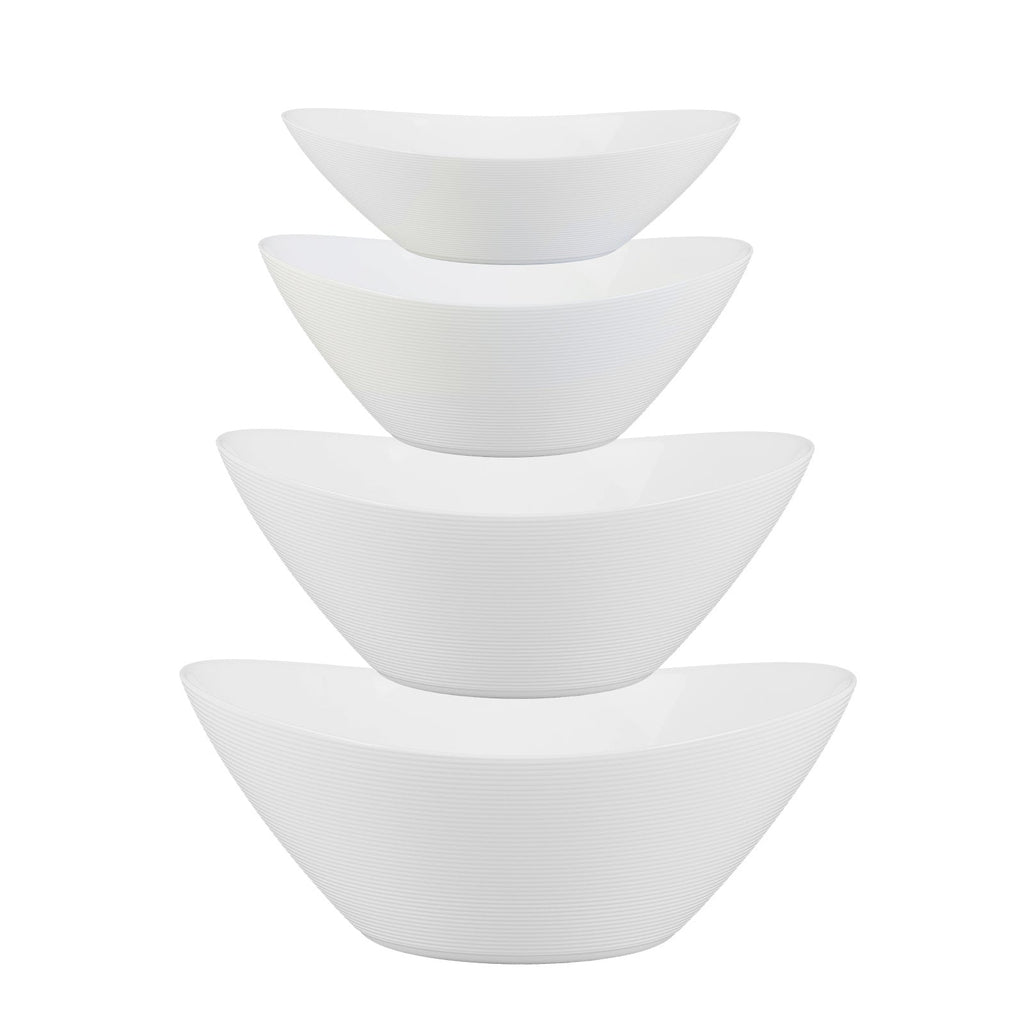 Four white opal glass bowls of nested sizes stacked vertically on a plain white background.
