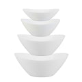 Four white opal glass bowls of nested sizes stacked vertically on a plain white background.
