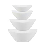 Four white opal glass bowls of nested sizes stacked vertically on a plain white background.