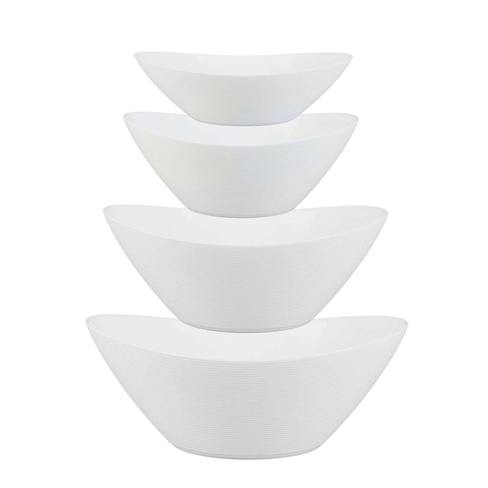 Four white opal glass bowls of nested sizes stacked vertically on a plain white background.