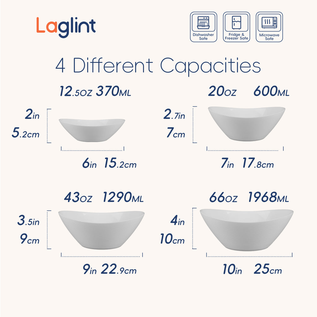 Laglint 4 different capacities oval bathtub liner bowls shown with dimensions and capacity measurements on a light beige background.