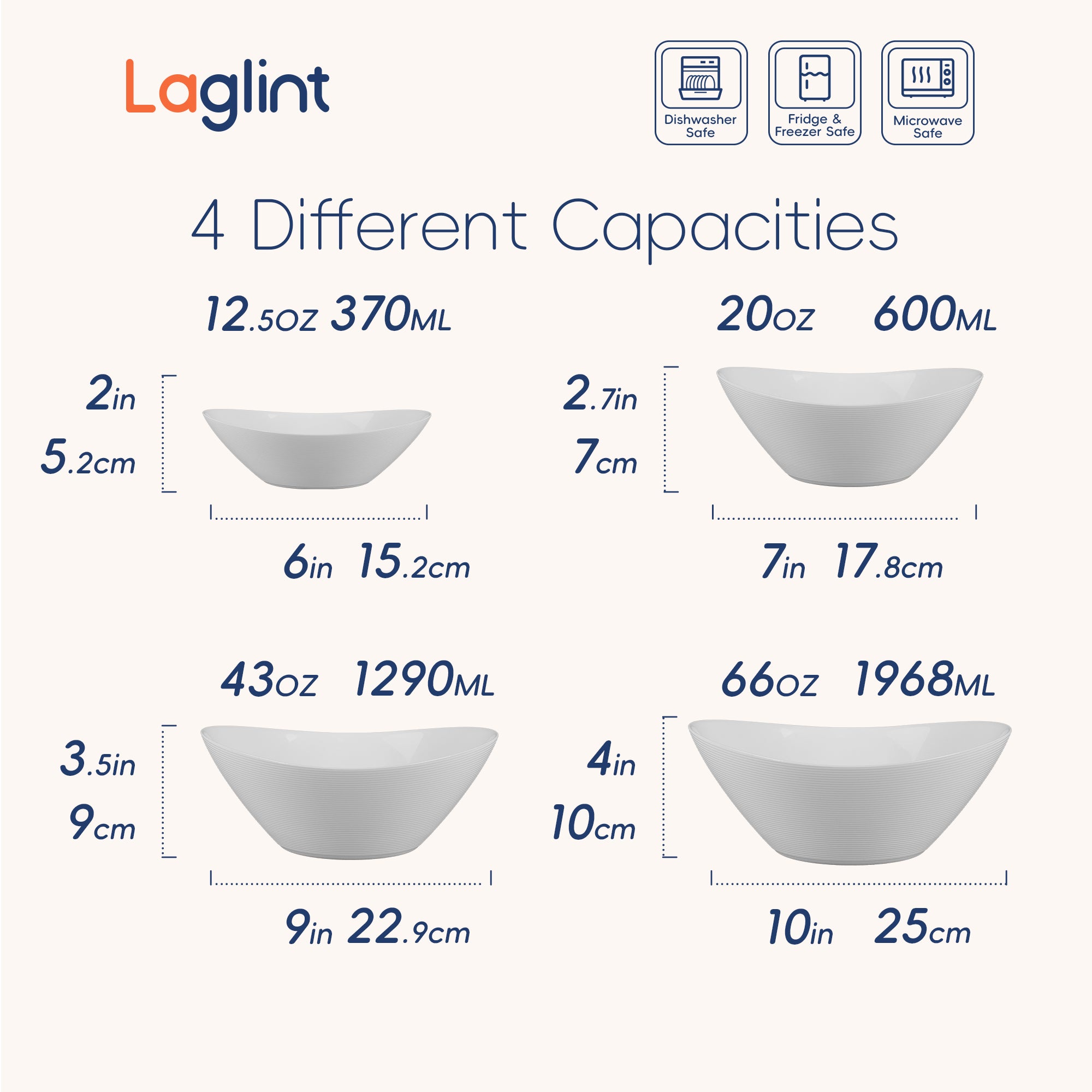 Laglint 4 different capacities oval bathtub liner bowls shown with dimensions and capacity measurements on a light beige background.