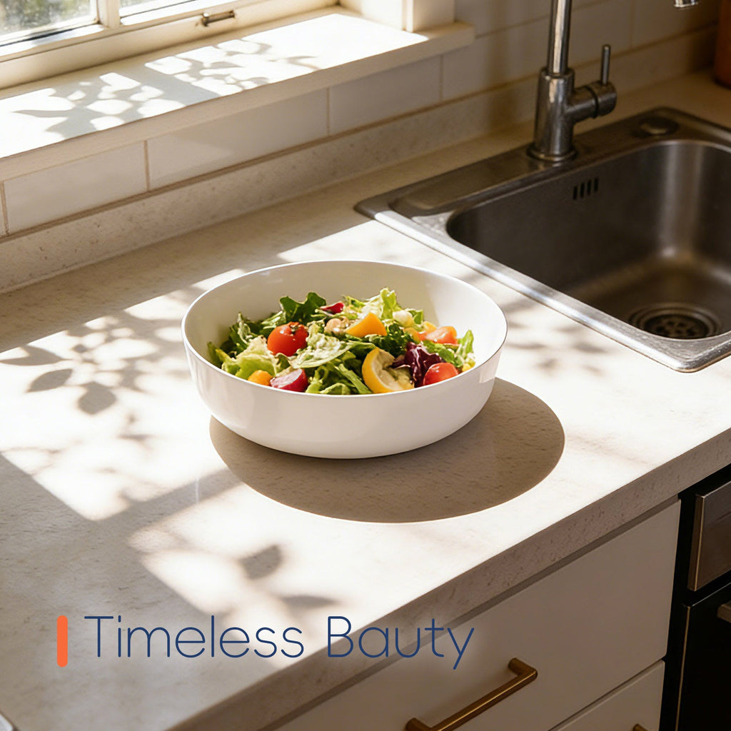 Bowl of salad on a kitchen counter with a sink and window in the background, featuring 'Timeless Beauty'.