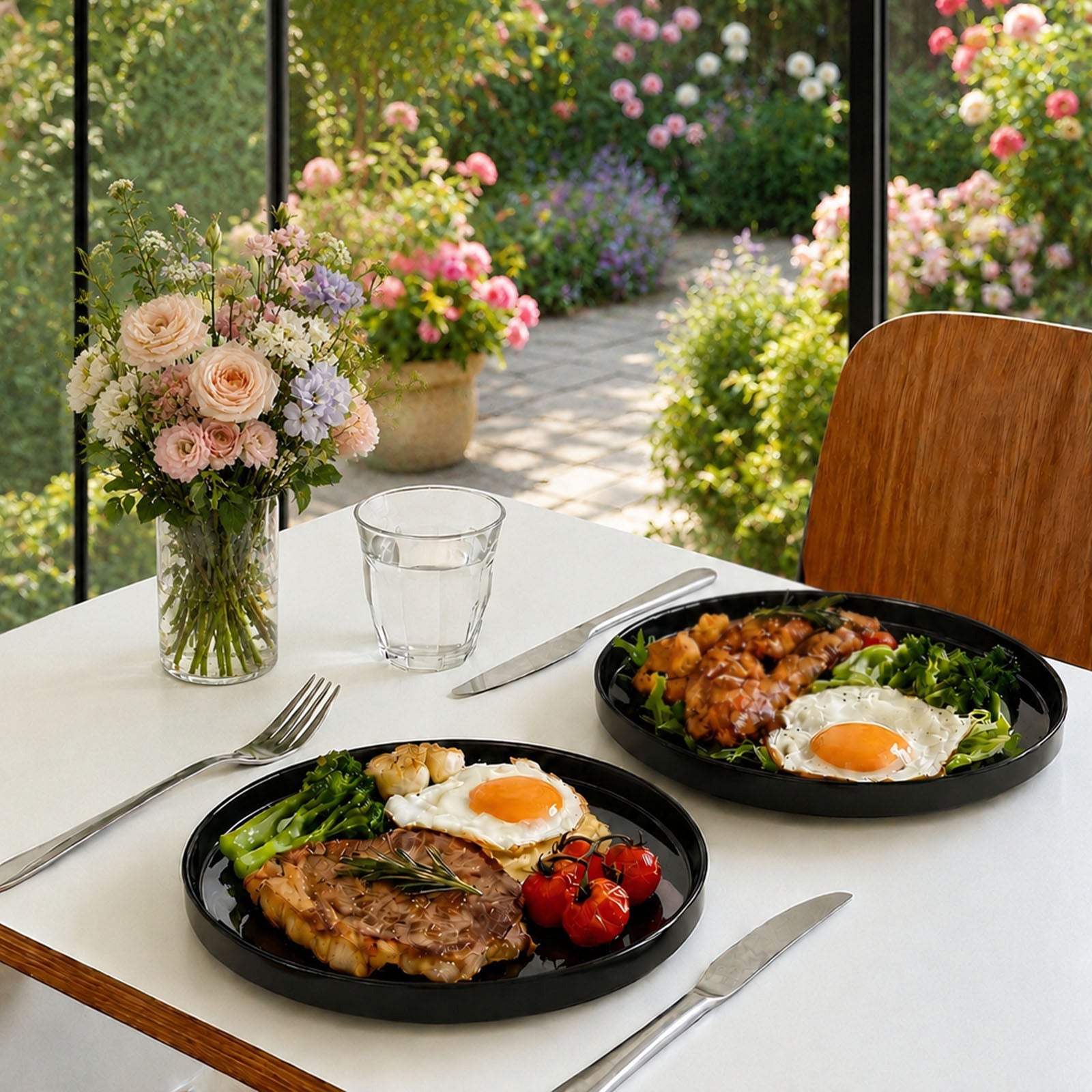 Two black opal glass plates on a white table set with cutlery, a glass of water, and a flower vase, with a bright garden patio visible through large windows in the background.