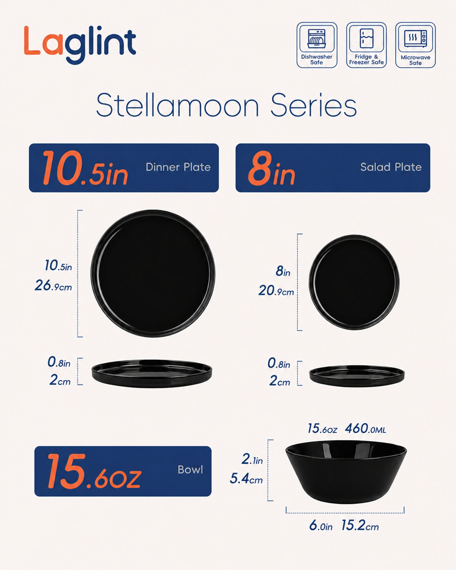 Laglint Stellamoon Series dinnerware set size chart showing dimensions and capacity for a 10.5-inch dinner plate, 8-inch salad plate, and 15.6oz bowl.