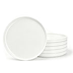 Six white opal glass dinner plates, with one large plate standing upright in front of a stack of five on a clean white background.